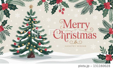 雪の積もったクリスマスツリーとヒイラギのグリーティングカード 131160028