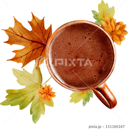 Watercolor illustration of a cup of hot chocolate and autumn leaves 131160167