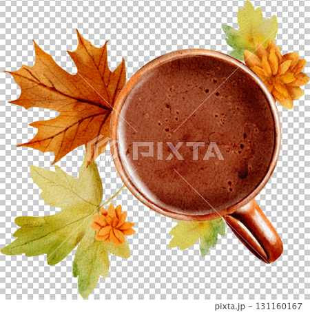Watercolor illustration of a cup of hot chocolate and autumn leaves 131160167