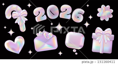 3d holographic New Year stickers set. Pink Chrome Envelope, Candy Cane, Heart, Gift box, Speech bubble, Flower, 2026 in Y2K style. Future galaxy aesthetic, 3D chrome bubble art. Metal glossy sticker 131160411