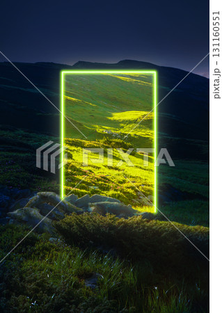 Bold vibrant poster. Neon portal opening to glowing valley at night as creative branding concept 131160551