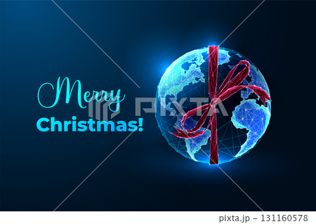 Christmas Earth globe gift with red ribbon, global holiday digital greeting card vector illustration Christmas Earth globe gift with red ribbon, global holiday digital greeting card vector illustration 131160578