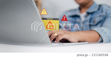 Cybersecurity Warning Alert on Laptop Screen, System Error and Online Threat Notification Cybersecurity Warning Alert on Laptop Screen, System Error and Online Threat Notification 131160598
