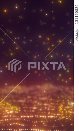 Glowing particles and lights in warm yellow-orange tones creating a dreamy starfield over a digital terrain Glowing particles and lights in warm yellow-orange tones creating a dreamy starfield over a digital terrain 131160826