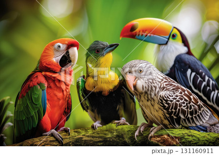 Vibrant parrots of different species gather on a branch 131160911