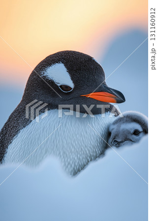 Emperor penguin cares for its chick  in the icy Antarctic landscape 131160912