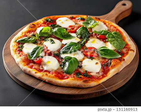 Delicious classic Margherita pizza topped with mozzarella and fresh basil 131160913