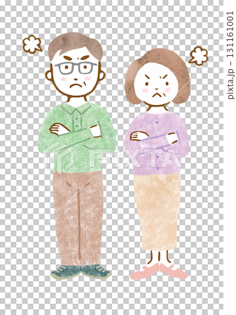怒った表情とポーズのシニアカップルの手描きイラスト（全身） 131161001