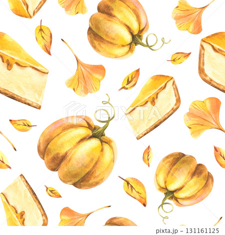 Seamless pattern with pumpkins, cheesecake, and autumn leaves in warm seasonal tones, created as a hand-painted watercolor illustration, perfect for packaging, fabric, and wrapping paper. 131161125