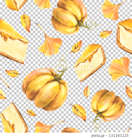 Seamless pattern with pumpkins, cheesecake, and autumn leaves in warm seasonal tones, created as a hand-painted watercolor illustration, perfect for packaging, fabric, and wrapping paper. 131161125