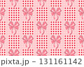 Pink ribbon seamless pattern on a red gingham checkered background. Perfect for your textile design, wallpaper, or gift wrapping paper 131161142
