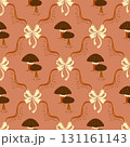 Seamless pattern of mushrooms, ribbons and cute coquette bows a warm brown tones textured background 131161143