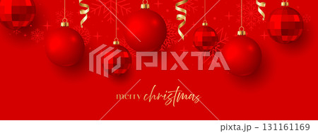 Christmas banner, holidays greeting card, hanging red balls 131161169