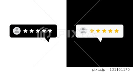 Five star rating displayed in a speech bubble. Five star rating. User comment, Feedback, Review. 131161170
