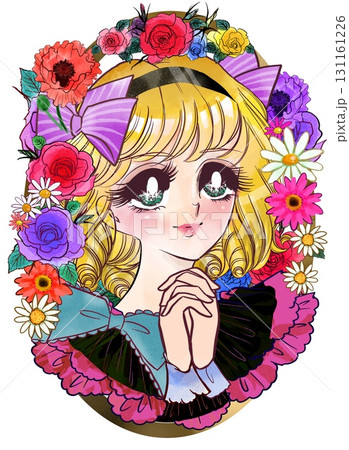昭和レトロ風70年代の少女漫画の金髪美少女祈りのポーズイラストと花のリーズ背景 昭和レトロ風70年代の少女漫画の金髪美少女祈りのポーズイラストと花のリーズ背景 131161226