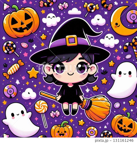 ほうきに乗ったかわいい魔女とハロウィンモチーフのポップなイラスト 131161246