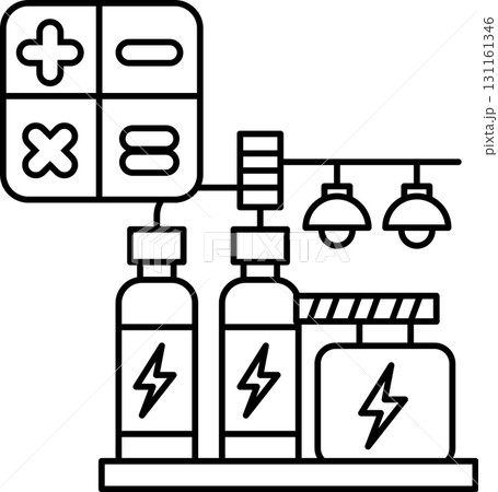 A black and white drawing of a factory with a sign that says "8" on it 131161346