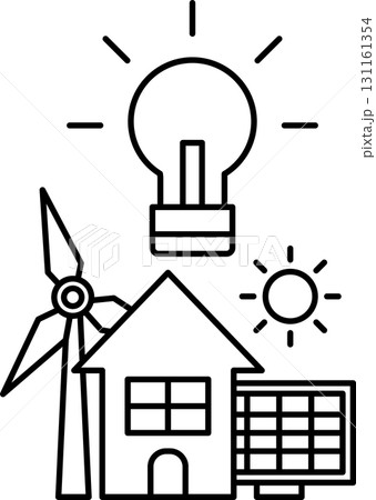 A house, a windmill, and a light bulb are all drawn together in a black 131161354