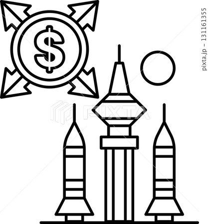 A dollar sign is drawn above a building with three rockets 131161355