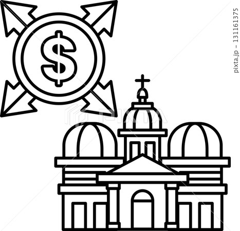 A dollar sign is above a building with a cross on top 131161375
