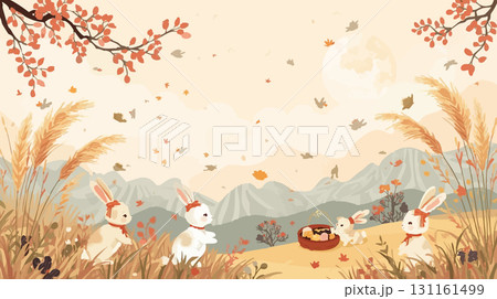 秋の山でススキの野原に座るうさぎ 秋の山でススキの野原に座るうさぎ 131161499