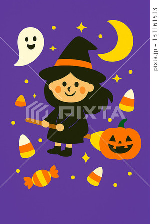 ほうきに乗ったかわいい魔女とハロウィンモチーフのポップなイラスト 131161513