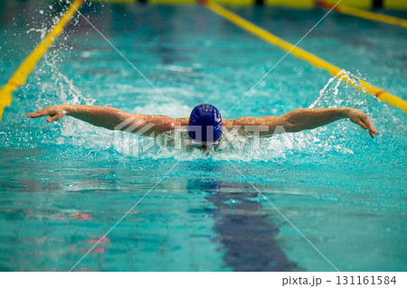 Athlete swimmer swimming in butterfly style pool 131161584
