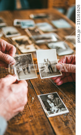 高齢者, 手, 手元, 指先, しわ, 指輪, 近接撮影, 接写, 室内, 木製テーブル, 木目,  131161626