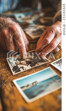 室内夕方木製テーブルで年配の手が古い写真を見る 131161628