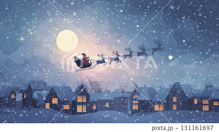 満月の雪空を飛ぶサンタクロースとトナカイのシルエット 131161697