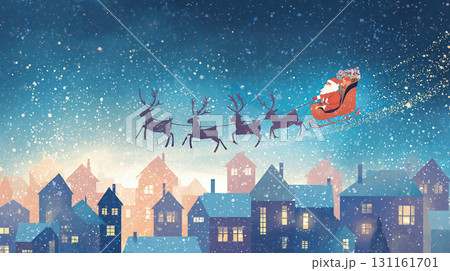 雪の街並みを越えて飛ぶサンタクロースとトナカイ 雪の街並みを越えて飛ぶサンタクロースとトナカイ 131161701