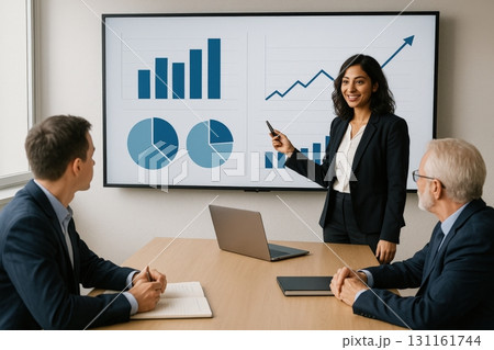 Business presentation highlighting growth trends and analysis with a diverse team in a modern conference room 131161744