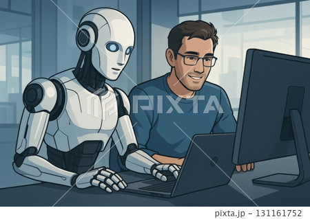 Man collaborates with a robot in a modern office while working on laptops during a productive session in the afternoon 131161752