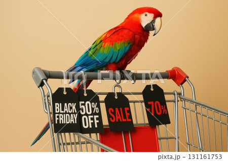 Colorful parrot perched on shopping cart with sale tags during holiday shopping season 131161753