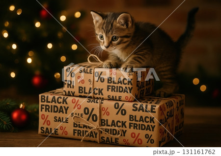 Playful kitten exploring Black Friday sale packages under twinkling Christmas lights 131161762
