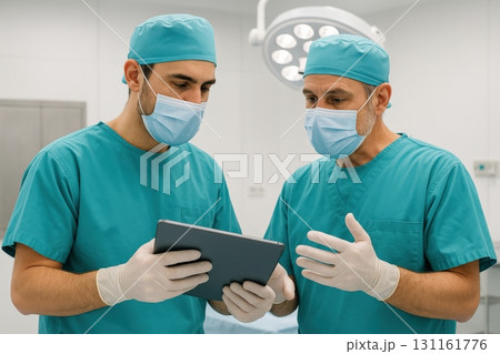 Two medical professionals in scrubs discussing patient information on a tablet in a modern operating room setting 131161776