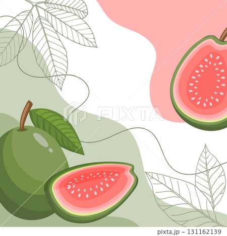 Guava fruits background. A composition of guava fruits with organic shapes and leaves on an abstract background. Card, banner, poster. Guava fruits background. A composition of guava fruits with organic shapes and leaves on an abstract background. Card, banner, poster. 131162139