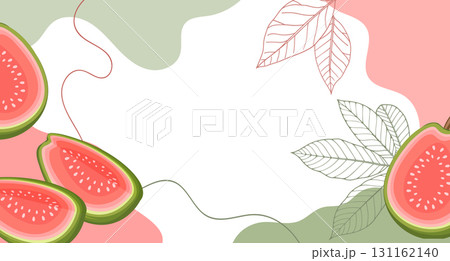 Guava fruits background. A composition of guava fruits with organic shapes and leaves on an abstract background. Card, banner, poster. 131162140