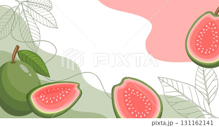 Guava fruits background. A composition of guava fruits with organic shapes and leaves on an abstract background. Card, banner, poster. Guava fruits background. A composition of guava fruits with organic shapes and leaves on an abstract background. Card, banner, poster. 131162141