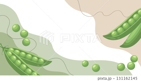 Fresh green peas background. A composition of green peas with organic shapes and leaves on an abstract background. Card, banner, poster. 131162145