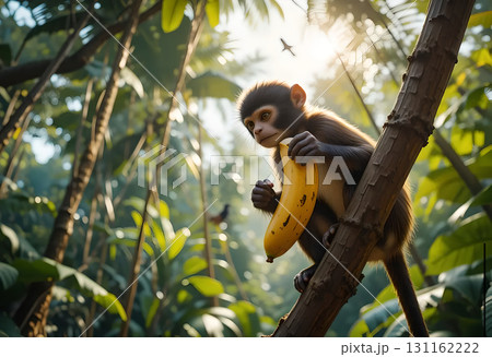 Curious Monkey with Banana in Sunlit Jungle 131162222