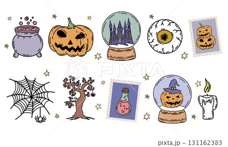 Halloween set with pumpkin, hat, hand drawn illustrations Halloween set with pumpkin, hat, hand drawn illustrations 131162383