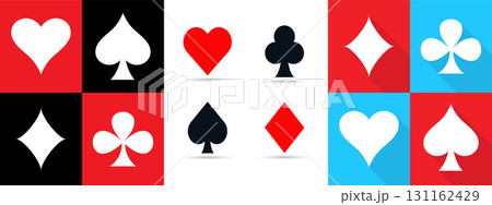 Colorful Playing Card Suits Icons Flat Set. Playing Card Suits spade, diamond, heart and club icons. Colorful Playing Card Suits Icons Flat Set. Playing Card Suits spade, diamond, heart and club icons. 131162429