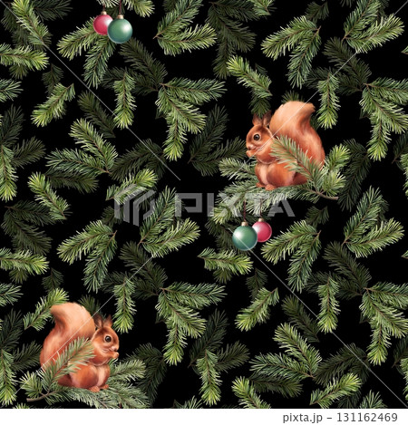 Seamless hand-drawn pattern of cute squirrels perched on pine branches with Christmas ornaments on a deep black background 131162469