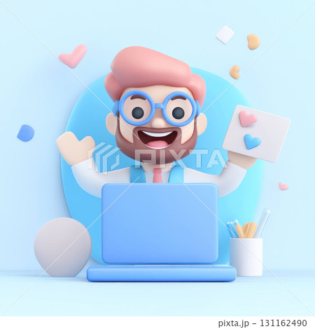 cheerful 3D character with glasses working on laptop 131162490