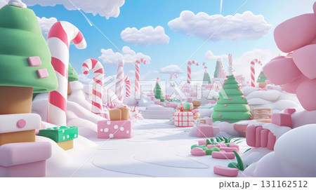 Whimsical candy cane forest with oversized treats and fluffy clouds 131162512