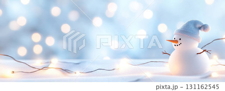 cheerful snowman with twinkling lights in snowy winter scene 131162545