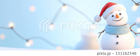 Cheerful snowman with Santa hat and scarf on snowy background 131162546