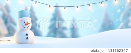 Snowman in winter landscape with twinkling lights and snowy trees 131162547