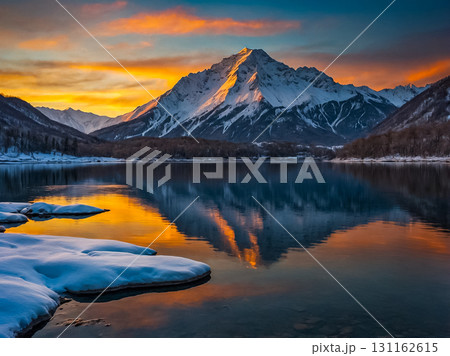 Evening view of high snow mountain and the beautiful lake with reflection in winter season. 131162615